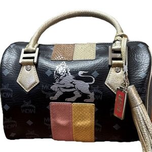 Authentic MCM Lion Duffle Black and Gold Satchel with Multicolor Accents